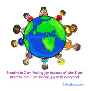 "JOY" Magnet pictured with illustration of Earth. The Earth is surrounded by children from different parts of the world. Printed on magnet, "Breathe in_I am feeling joy because of who I am. Breathe out-I am sharing joy with everyone!" Magnet is 3" x 3" (7.62 cm x 7.62 cm)