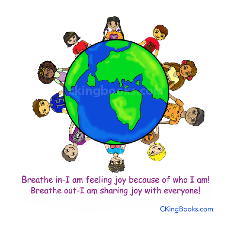 "JOY" Magnet pictured with illustration of Earth. The Earth is surrounded by children from different parts of the world. Printed on magnet, "Breathe in_I am feeling joy because of who I am. Breathe out-I am sharing joy with everyone!" Magnet is 3" x 3" (7.62 cm x 7.62 cm)