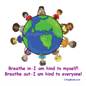 "KIND" Magnet pictured with illustration of Earth. The Earth is surrounded by children from different parts of the world. Printed on magnet, "Breathe in_I am kind to myself. Breathe out-I am kind to everyone!" Magnet is 3" x 3" (7.62 cm x 7.62 cm)