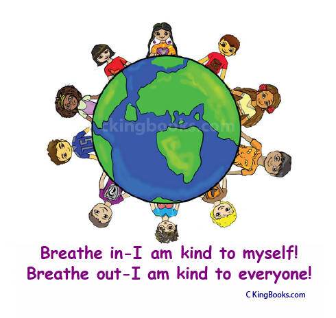 "KIND" Magnet pictured with illustration of Earth. The Earth is surrounded by children from different parts of the world. Printed on magnet, "Breathe in_I am kind to myself. Breathe out-I am kind to everyone!" Magnet is 3" x 3" (7.62 cm x 7.62 cm)