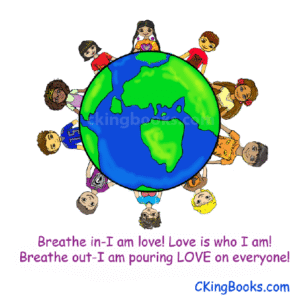 "LOVE" Magnet pictured with illustration of Earth. The Earth is surrounded by children from different parts of the world. Printed on magnet, "Breathe in_I am love! Love is who I am! Breathe out-I am pouring love on everyone!" Magnet is 3" x 3" (7.62 cm x 7.62 cm)
