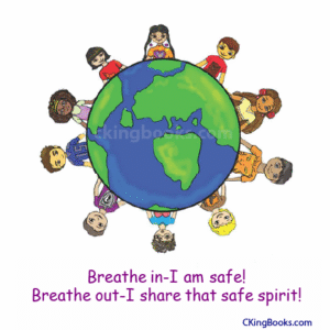 "SAFE" Magnet pictured with illustration of Earth. The Earth is surrounded by children from different parts of the world. Printed on magnet, "Breathe in_I am safe! Breathe out-I share that safe spirit!" Magnet is 3" x 3" (7.62 cm x 7.62 cm)